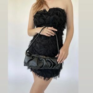 Adam Lippes 100% silk strapless tiered frayed trim mini dress. 🖤